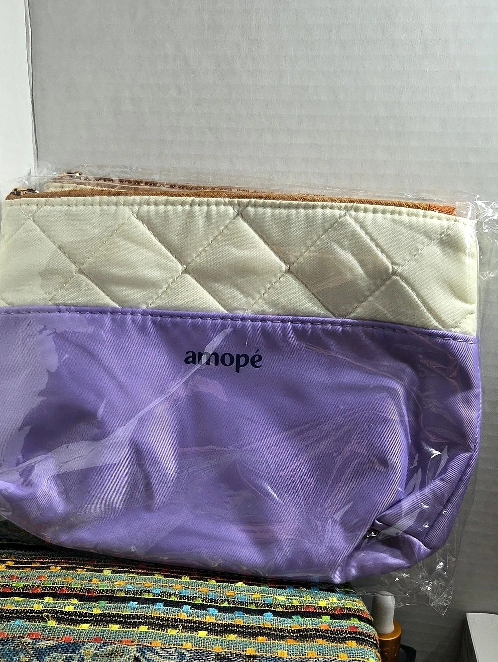 Amopé Quilted Cosmetic Pouch in Purple & White NWT